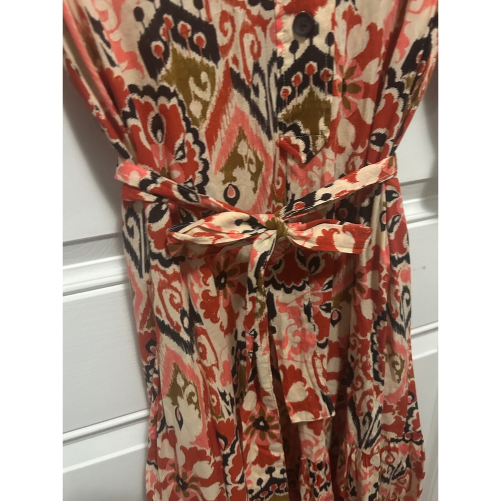 Zara Womens Pink Orange Ikat Floral Tiered Midi Shirt Dress Size Medium Belted - Picture 4 of 6